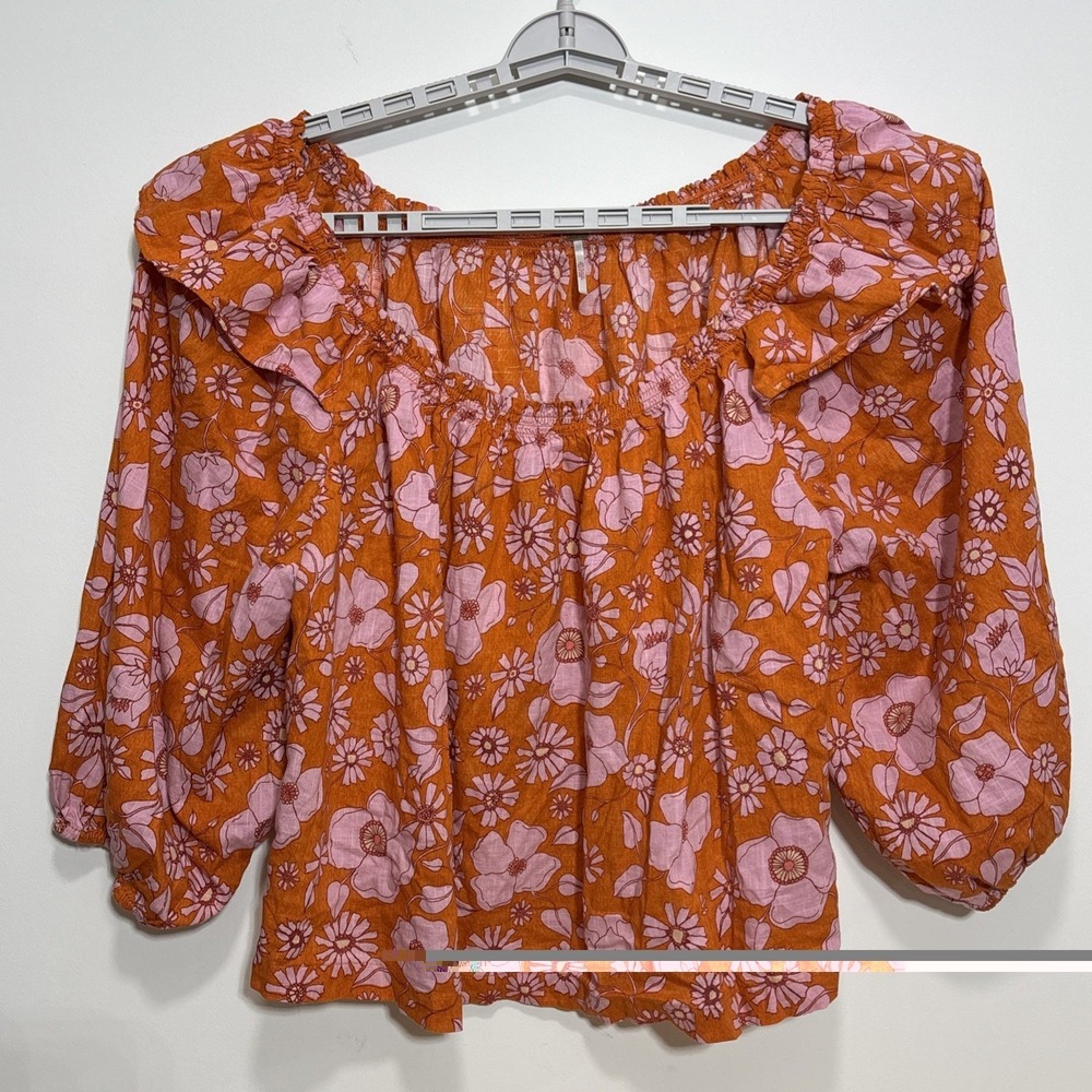 Free People Miss Daisy Floral‎ Printed Top Orange Boho Retro Off Shoulder Size L